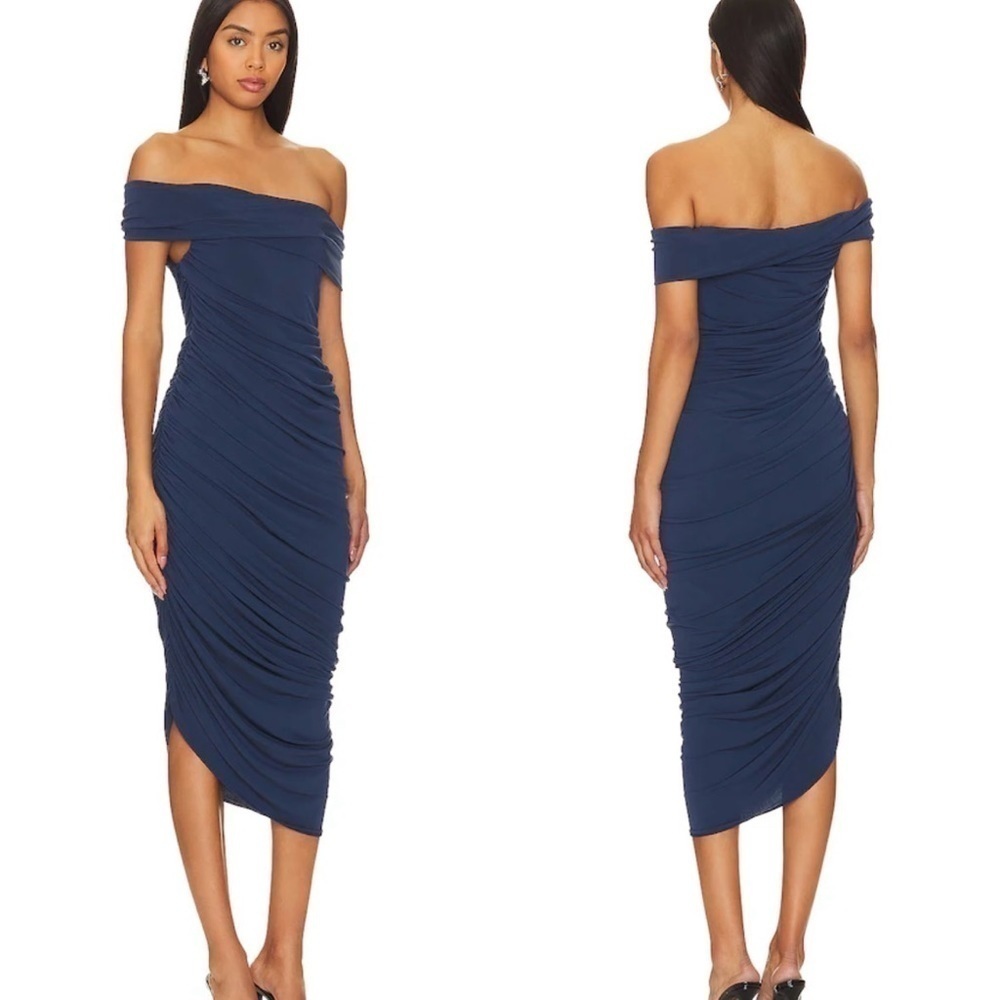 Nwot Katie May Alana Asymmetric Off The Shoulder Ruched Midi Dress Sz Xs